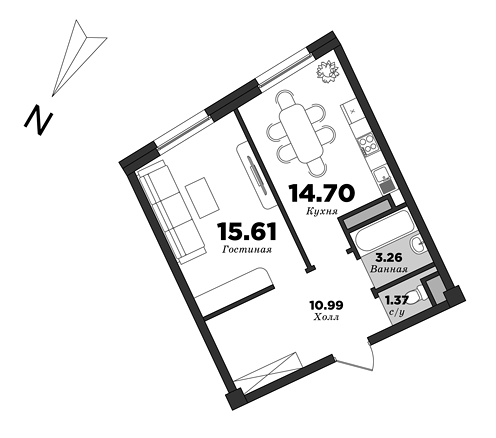 Esper Club, 1 спальня, 45.93 м² | планировка элитных квартир Санкт-Петербурга | М16